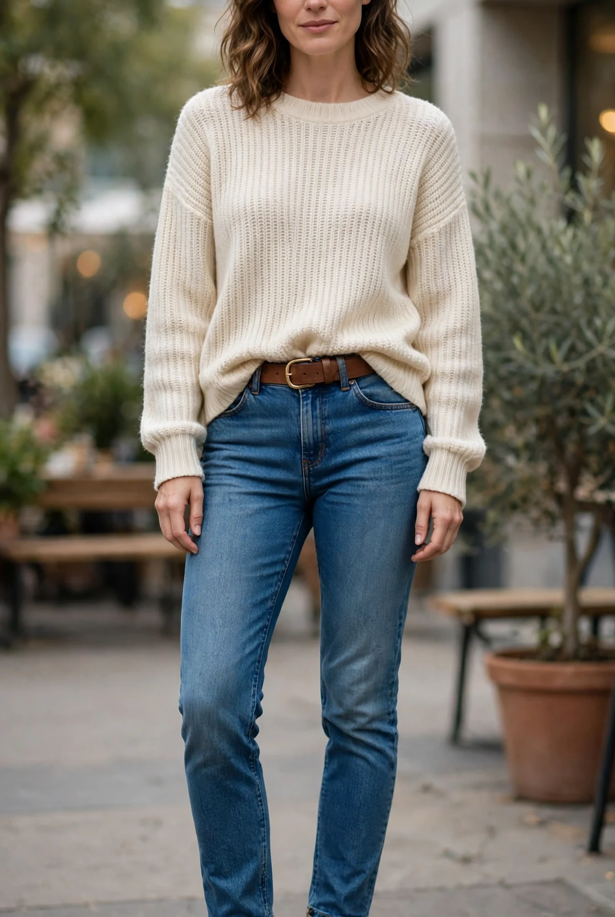 Woman in a cream knit sweater, blue jeans, a brown belt, and tan boots.